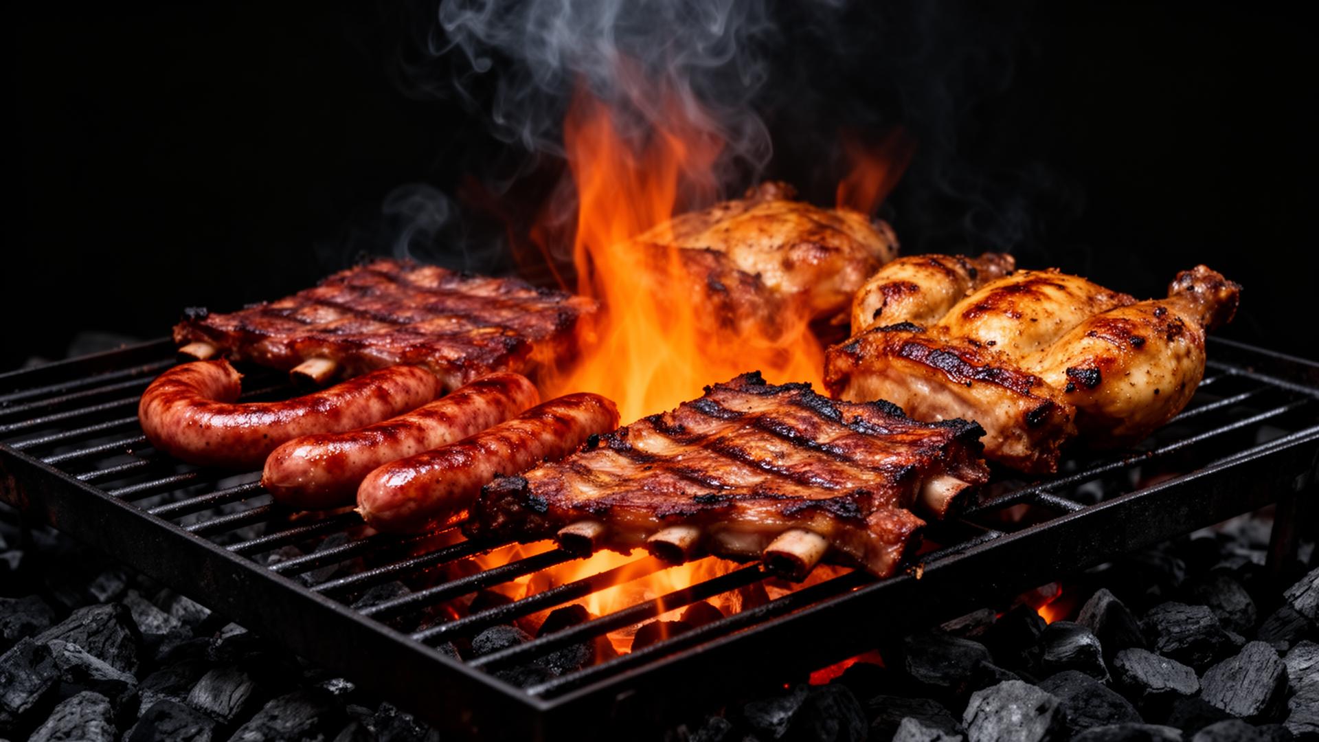 Braai meat on flaming grill